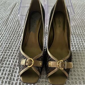 Nickels Women's Gold Leopard Print Open Toe Stiletto Heels Size 9